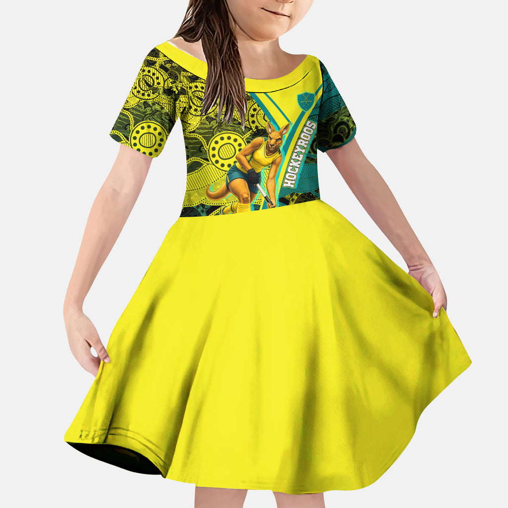 Custom Hockeyroos Kangaroo Field Hockey Kid Short Sleeve Dress Aboriginal Pattern Green Gold Dynamic Athlete Design