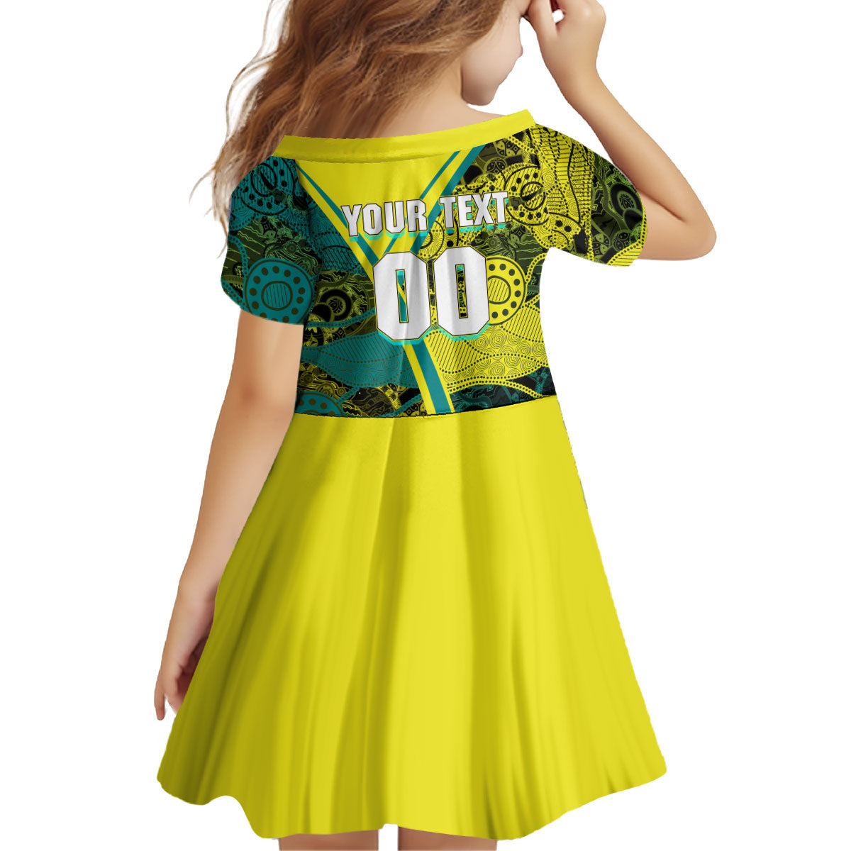 Custom Hockeyroos Kangaroo Field Hockey Kid Short Sleeve Dress Aboriginal Pattern Green Gold Dynamic Athlete Design