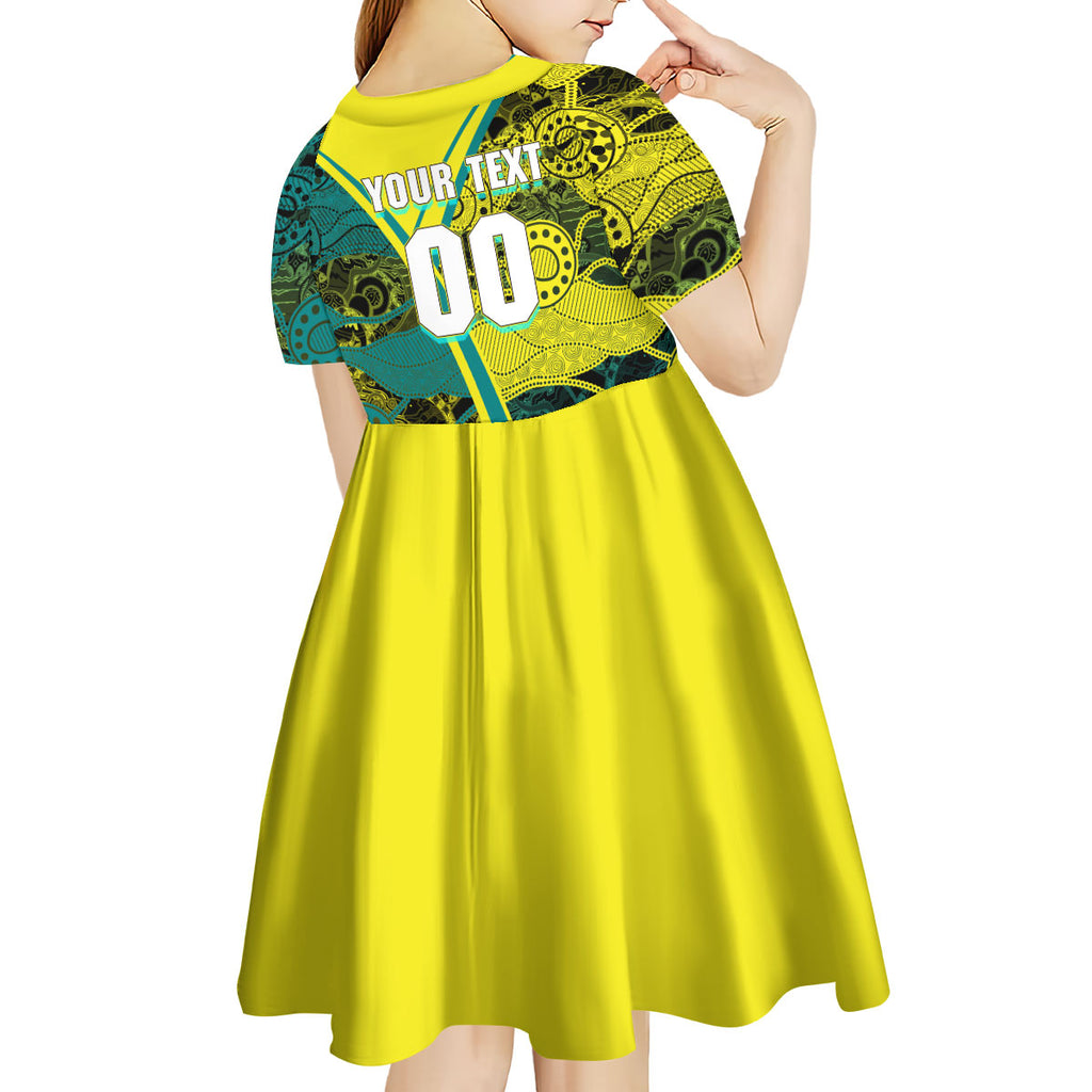Custom Hockeyroos Kangaroo Field Hockey Kid Short Sleeve Dress Aboriginal Pattern Green Gold Dynamic Athlete Design