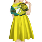 Custom Hockeyroos Kangaroo Field Hockey Kid Short Sleeve Dress Aboriginal Pattern Green Gold Dynamic Athlete Design
