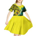 Custom Hockeyroos Kangaroo Field Hockey Kid Short Sleeve Dress Aboriginal Pattern Green Gold Dynamic Athlete Design