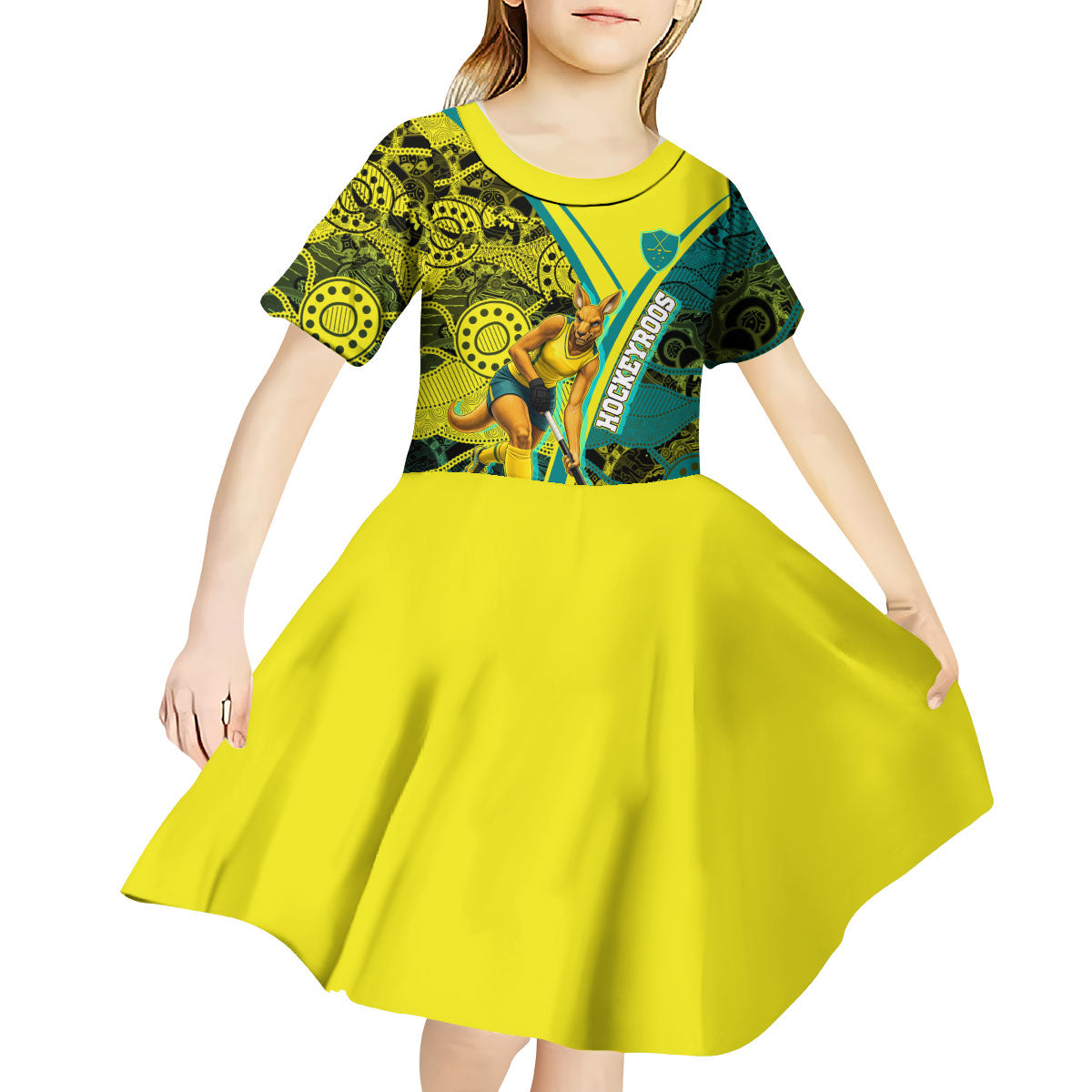 Custom Hockeyroos Kangaroo Field Hockey Kid Short Sleeve Dress Aboriginal Pattern Green Gold Dynamic Athlete Design