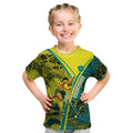Custom Hockeyroos Kangaroo Field Hockey Kid T Shirt Aboriginal Pattern Green Gold Dynamic Athlete Design