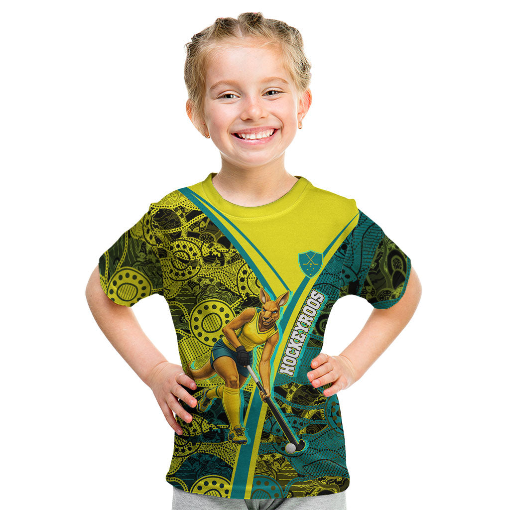 Custom Hockeyroos Kangaroo Field Hockey Kid T Shirt Aboriginal Pattern Green Gold Dynamic Athlete Design