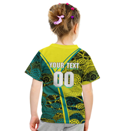 Custom Hockeyroos Kangaroo Field Hockey Kid T Shirt Aboriginal Pattern Green Gold Dynamic Athlete Design