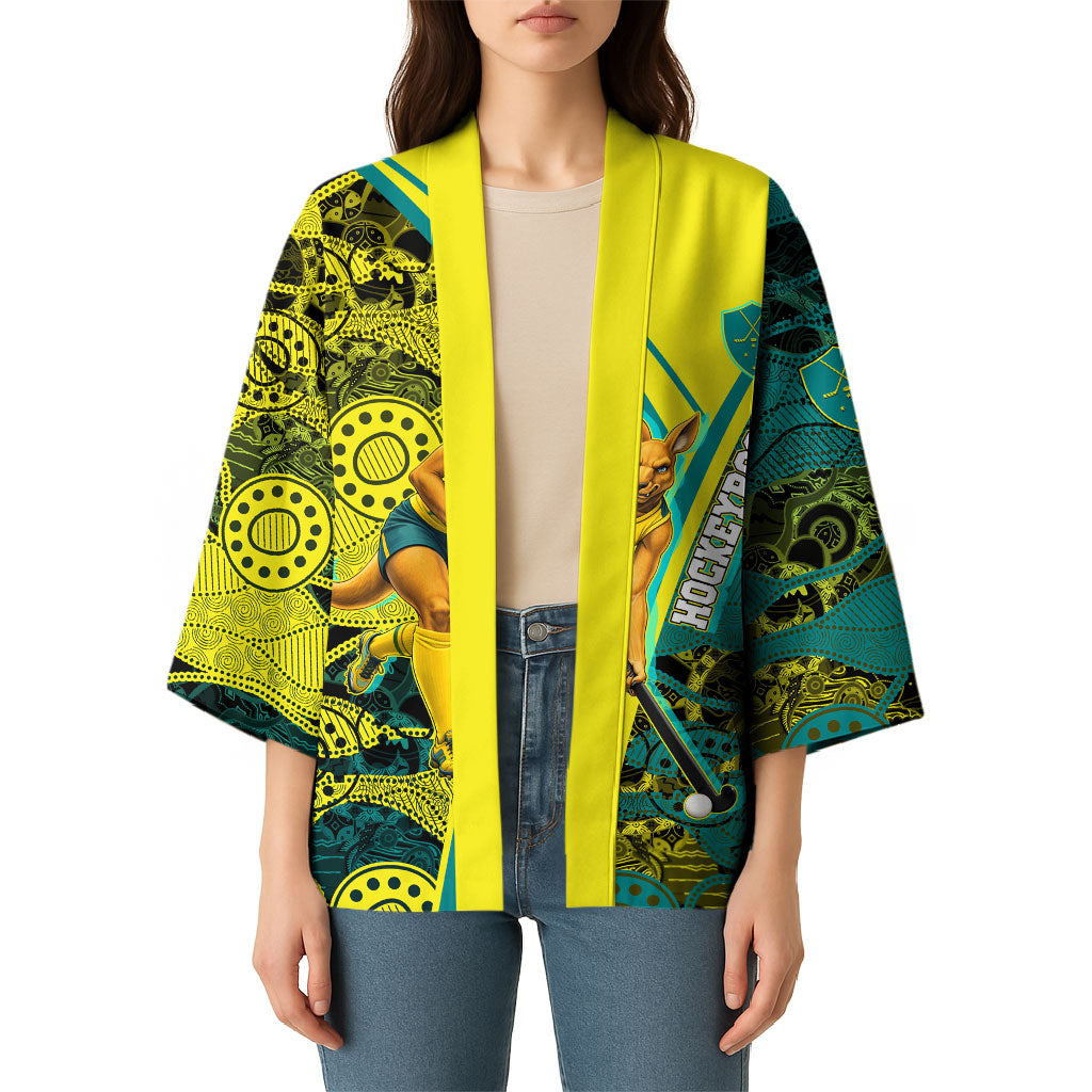 Custom Hockeyroos Kangaroo Field Hockey Kimono Aboriginal Pattern Green Gold Dynamic Athlete Design
