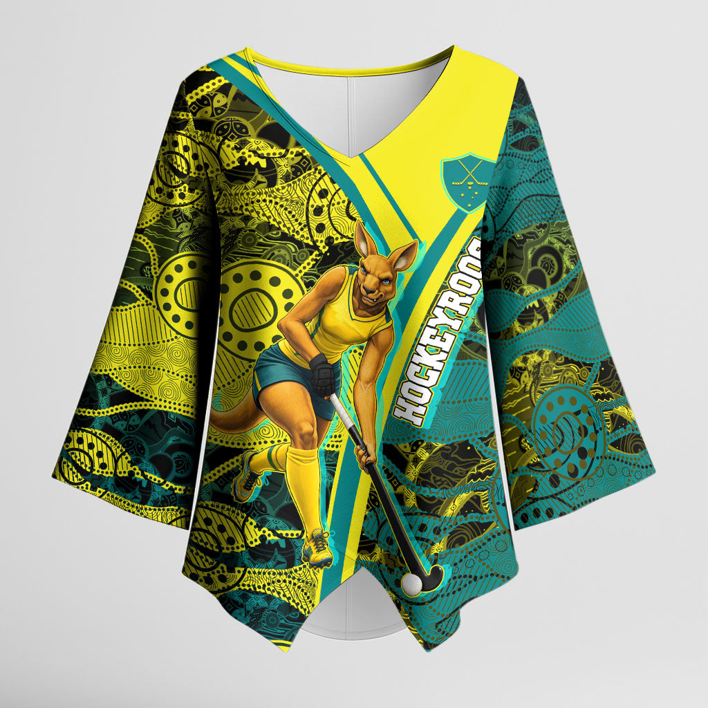 Custom Hockeyroos Kangaroo Field Hockey Kimono Sleeve Blouse Aboriginal Pattern Green Gold Dynamic Athlete Design