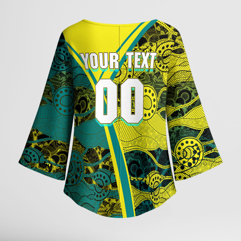 Custom Hockeyroos Kangaroo Field Hockey Kimono Sleeve Blouse Aboriginal Pattern Green Gold Dynamic Athlete Design