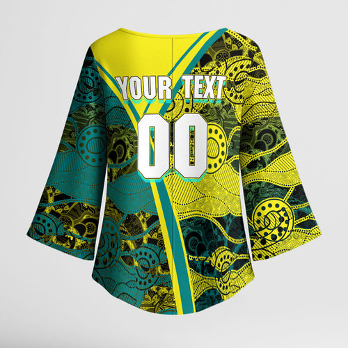 Custom Hockeyroos Kangaroo Field Hockey Kimono Sleeve Blouse Aboriginal Pattern Green Gold Dynamic Athlete Design