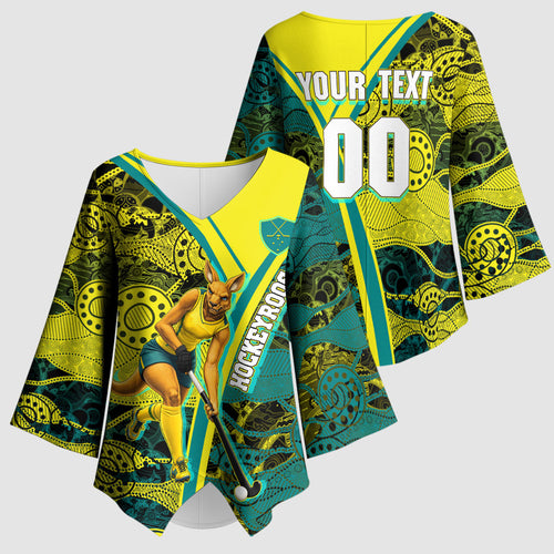 Custom Hockeyroos Kangaroo Field Hockey Kimono Sleeve Blouse Aboriginal Pattern Green Gold Dynamic Athlete Design