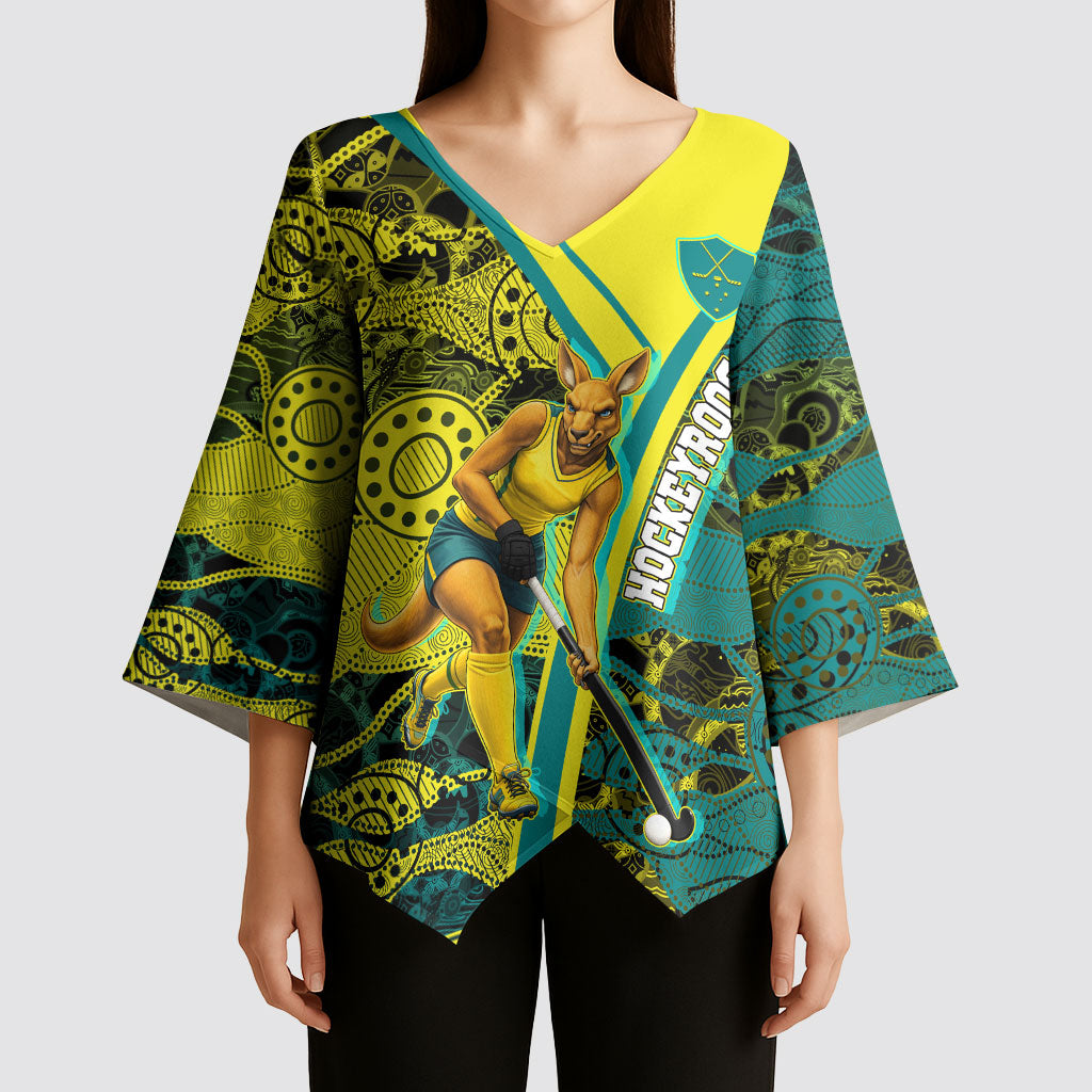 Custom Hockeyroos Kangaroo Field Hockey Kimono Sleeve Blouse Aboriginal Pattern Green Gold Dynamic Athlete Design