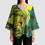 Custom Hockeyroos Kangaroo Field Hockey Kimono Sleeve Blouse Aboriginal Pattern Green Gold Dynamic Athlete Design