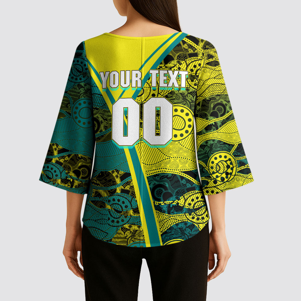 Custom Hockeyroos Kangaroo Field Hockey Kimono Sleeve Blouse Aboriginal Pattern Green Gold Dynamic Athlete Design