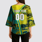 Custom Hockeyroos Kangaroo Field Hockey Kimono Sleeve Blouse Aboriginal Pattern Green Gold Dynamic Athlete Design