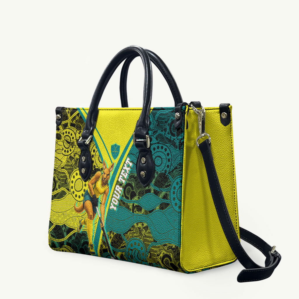 Custom Hockeyroos Kangaroo Field Hockey Leather Bag Aboriginal Pattern Green Gold Dynamic Athlete Design