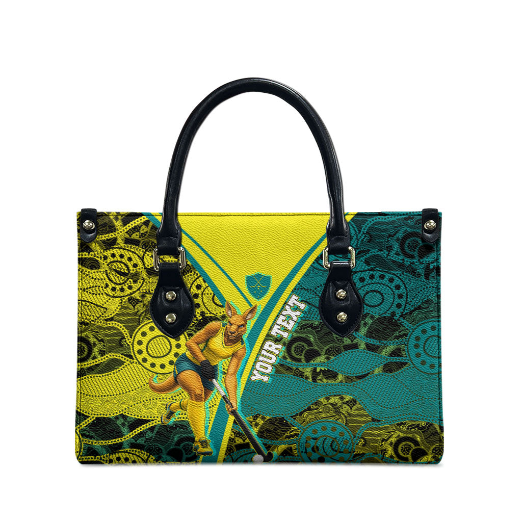 Custom Hockeyroos Kangaroo Field Hockey Leather Bag Aboriginal Pattern Green Gold Dynamic Athlete Design