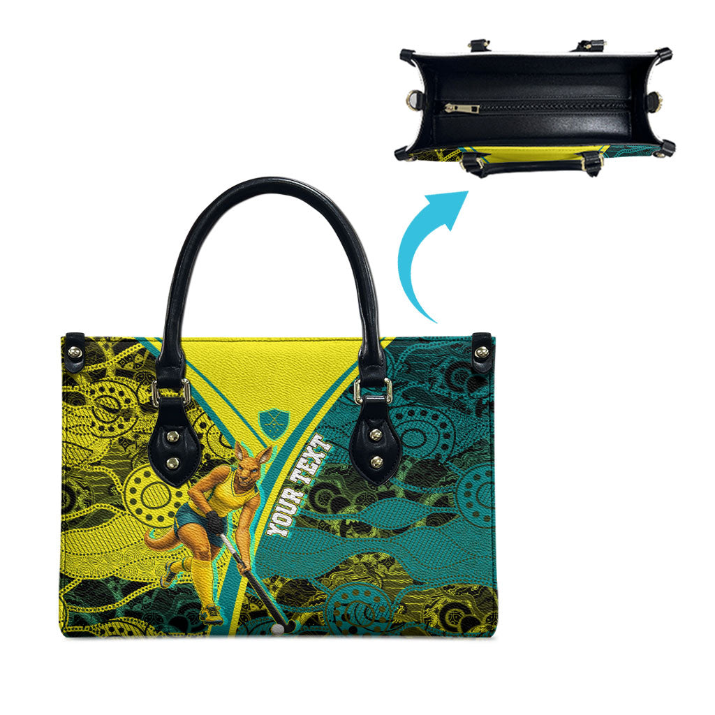 Custom Hockeyroos Kangaroo Field Hockey Leather Bag Aboriginal Pattern Green Gold Dynamic Athlete Design