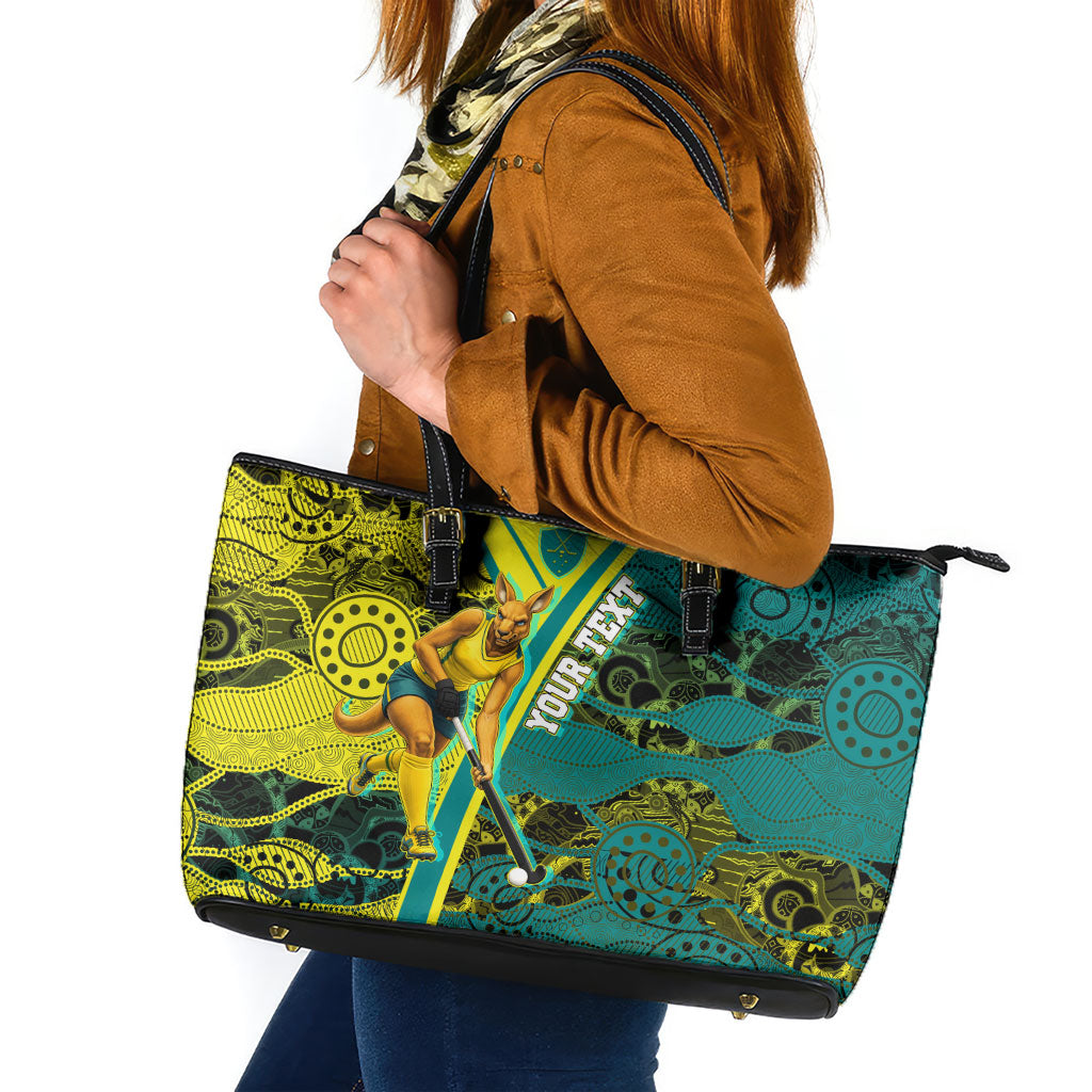 Custom Hockeyroos Kangaroo Field Hockey Leather Tote Bag Aboriginal Pattern Green Gold Dynamic Athlete Design