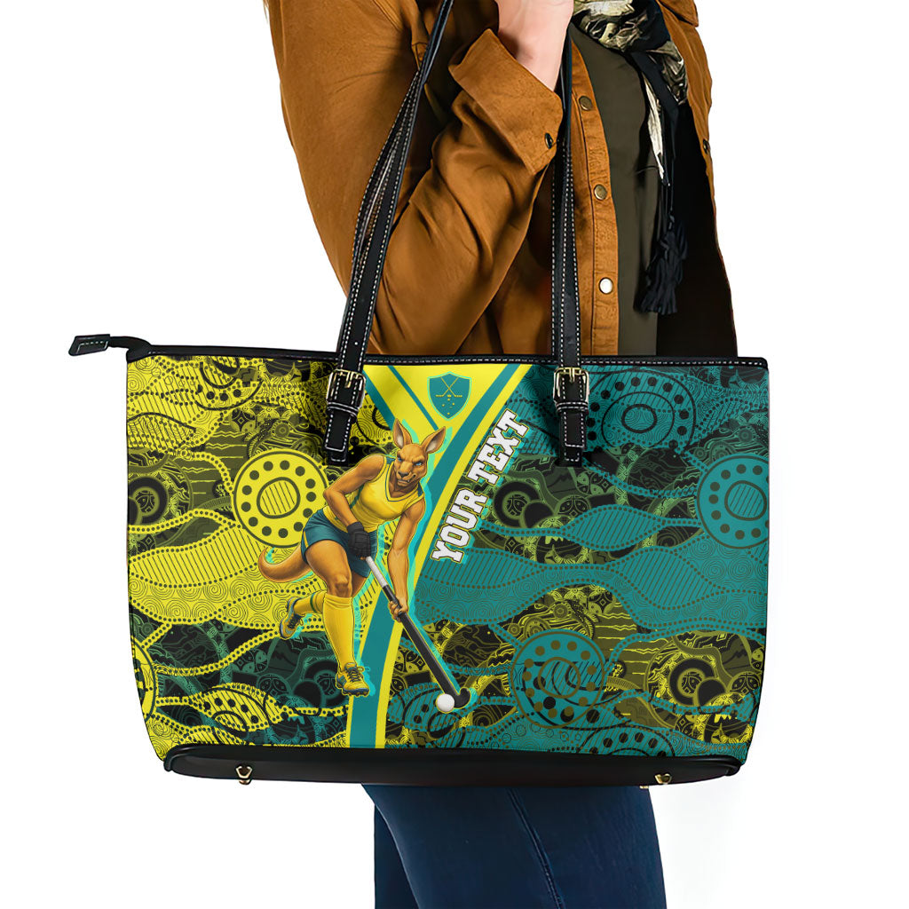 Custom Hockeyroos Kangaroo Field Hockey Leather Tote Bag Aboriginal Pattern Green Gold Dynamic Athlete Design