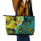Custom Hockeyroos Kangaroo Field Hockey Leather Tote Bag Aboriginal Pattern Green Gold Dynamic Athlete Design