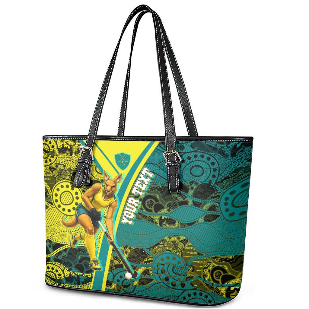 Custom Hockeyroos Kangaroo Field Hockey Leather Tote Bag Aboriginal Pattern Green Gold Dynamic Athlete Design