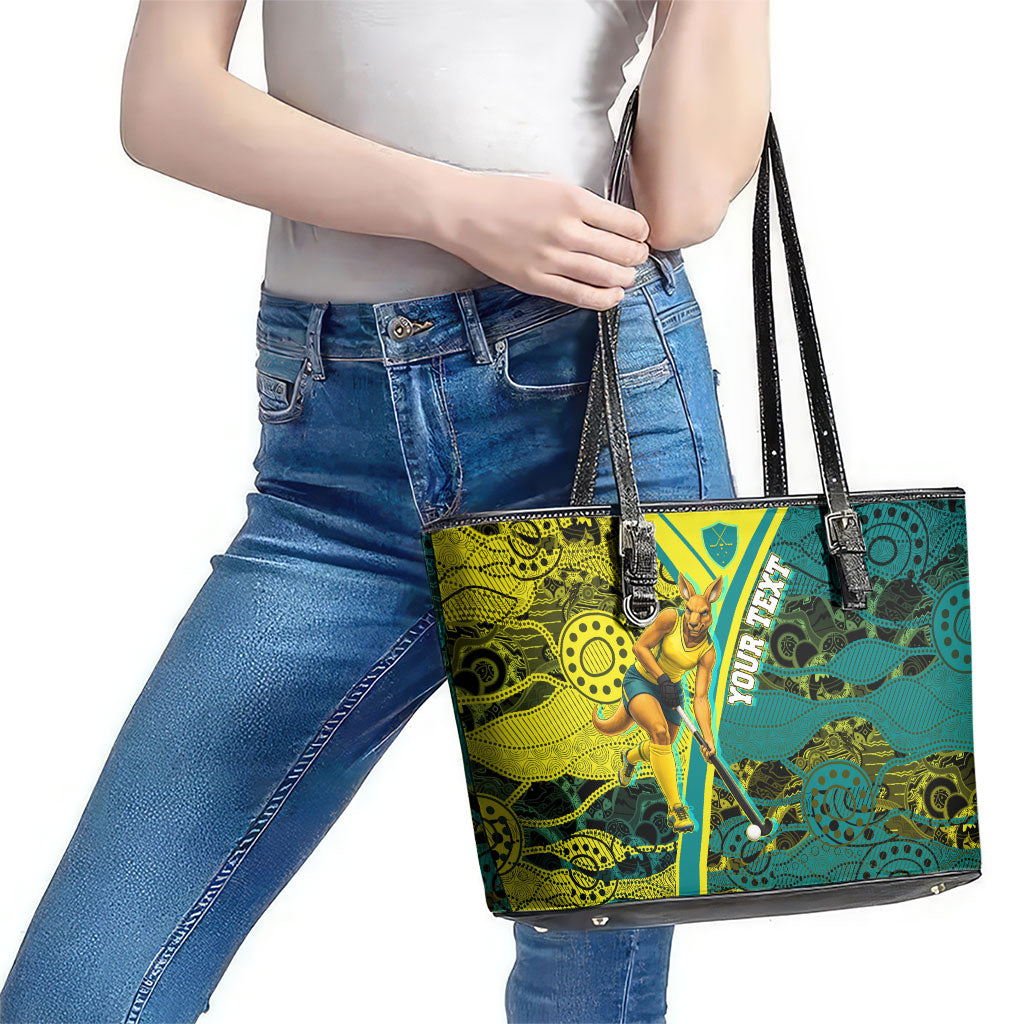 Custom Hockeyroos Kangaroo Field Hockey Leather Tote Bag Aboriginal Pattern Green Gold Dynamic Athlete Design