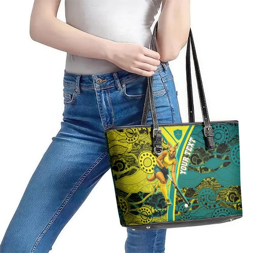 Custom Hockeyroos Kangaroo Field Hockey Leather Tote Bag Aboriginal Pattern Green Gold Dynamic Athlete Design