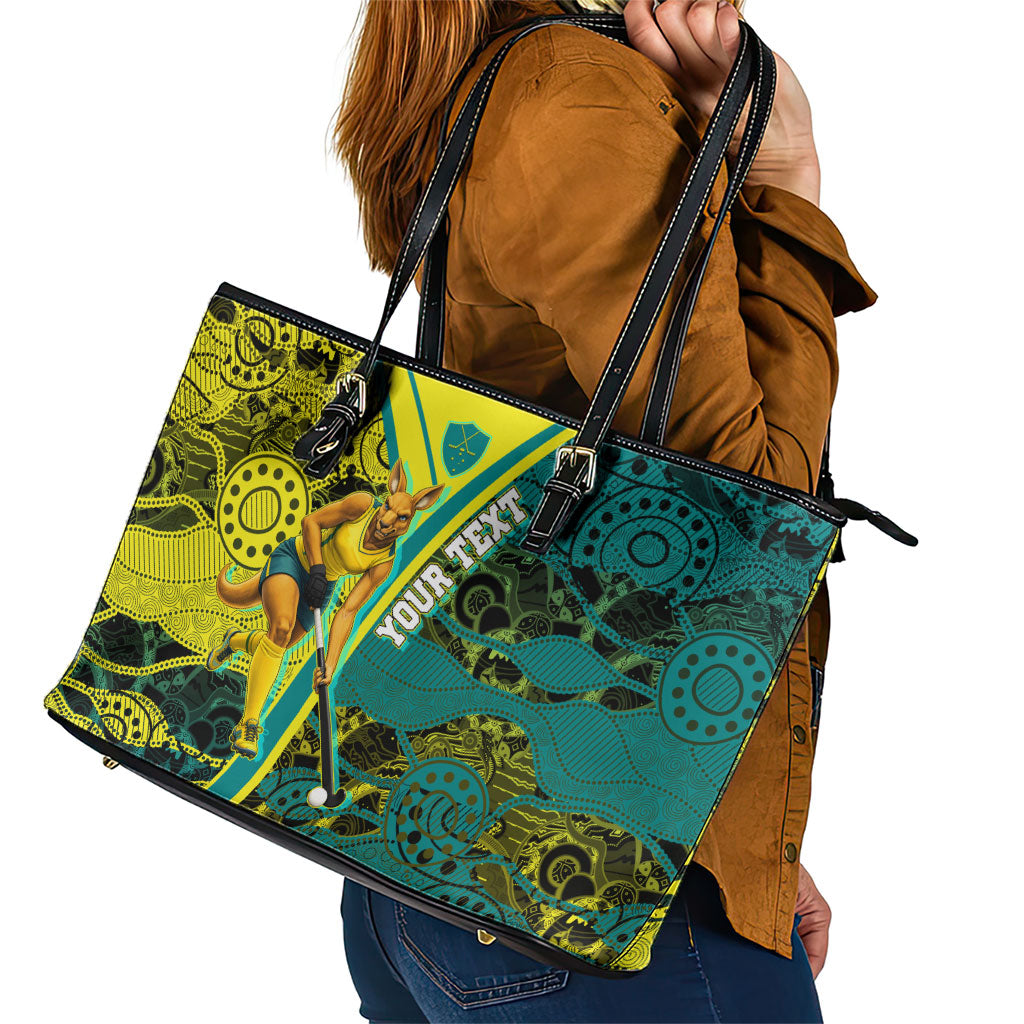 Custom Hockeyroos Kangaroo Field Hockey Leather Tote Bag Aboriginal Pattern Green Gold Dynamic Athlete Design