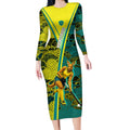 Custom Hockeyroos Kangaroo Field Hockey Long Sleeve Bodycon Dress Aboriginal Pattern Green Gold Dynamic Athlete Design