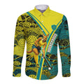 Custom Hockeyroos Kangaroo Field Hockey Long Sleeve Button Shirt Aboriginal Pattern Green Gold Dynamic Athlete Design