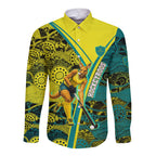 Custom Hockeyroos Kangaroo Field Hockey Long Sleeve Button Shirt Aboriginal Pattern Green Gold Dynamic Athlete Design