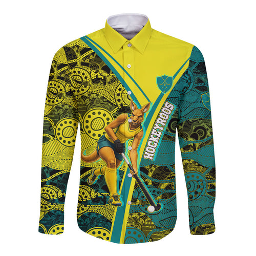 Custom Hockeyroos Kangaroo Field Hockey Long Sleeve Button Shirt Aboriginal Pattern Green Gold Dynamic Athlete Design