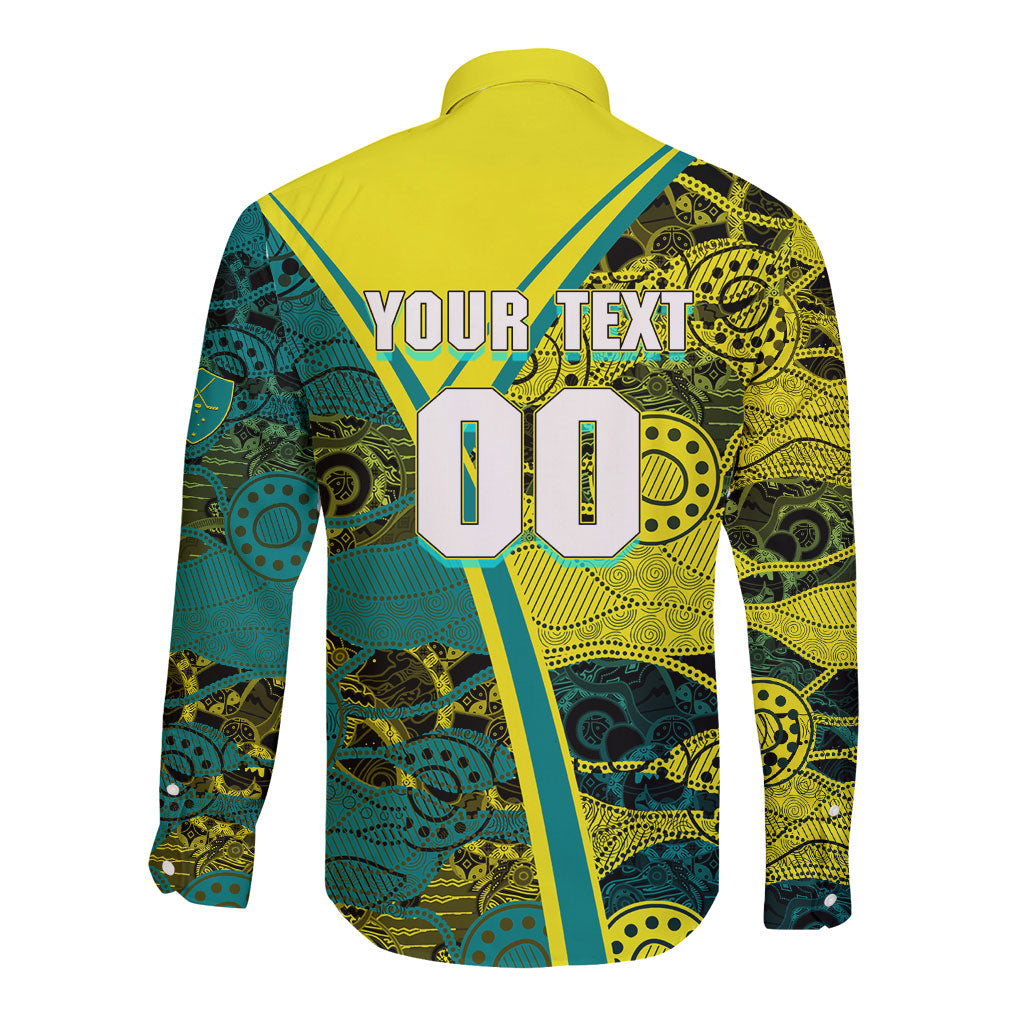 Custom Hockeyroos Kangaroo Field Hockey Long Sleeve Button Shirt Aboriginal Pattern Green Gold Dynamic Athlete Design