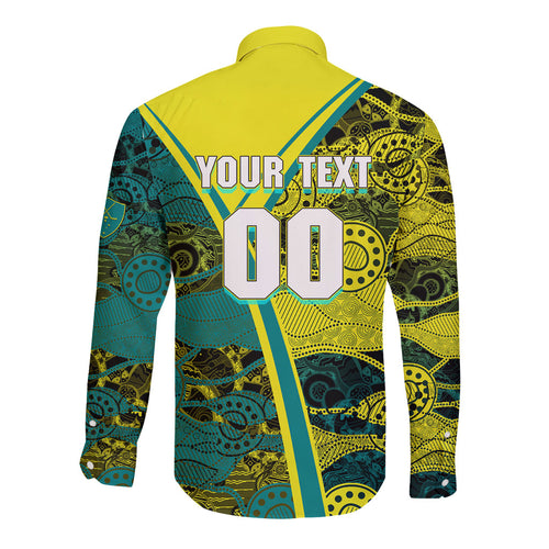 Custom Hockeyroos Kangaroo Field Hockey Long Sleeve Button Shirt Aboriginal Pattern Green Gold Dynamic Athlete Design