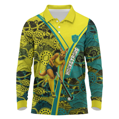 Custom Hockeyroos Kangaroo Field Hockey Long Sleeve Polo Shirt Aboriginal Pattern Green Gold Dynamic Athlete Design