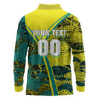 Custom Hockeyroos Kangaroo Field Hockey Long Sleeve Polo Shirt Aboriginal Pattern Green Gold Dynamic Athlete Design