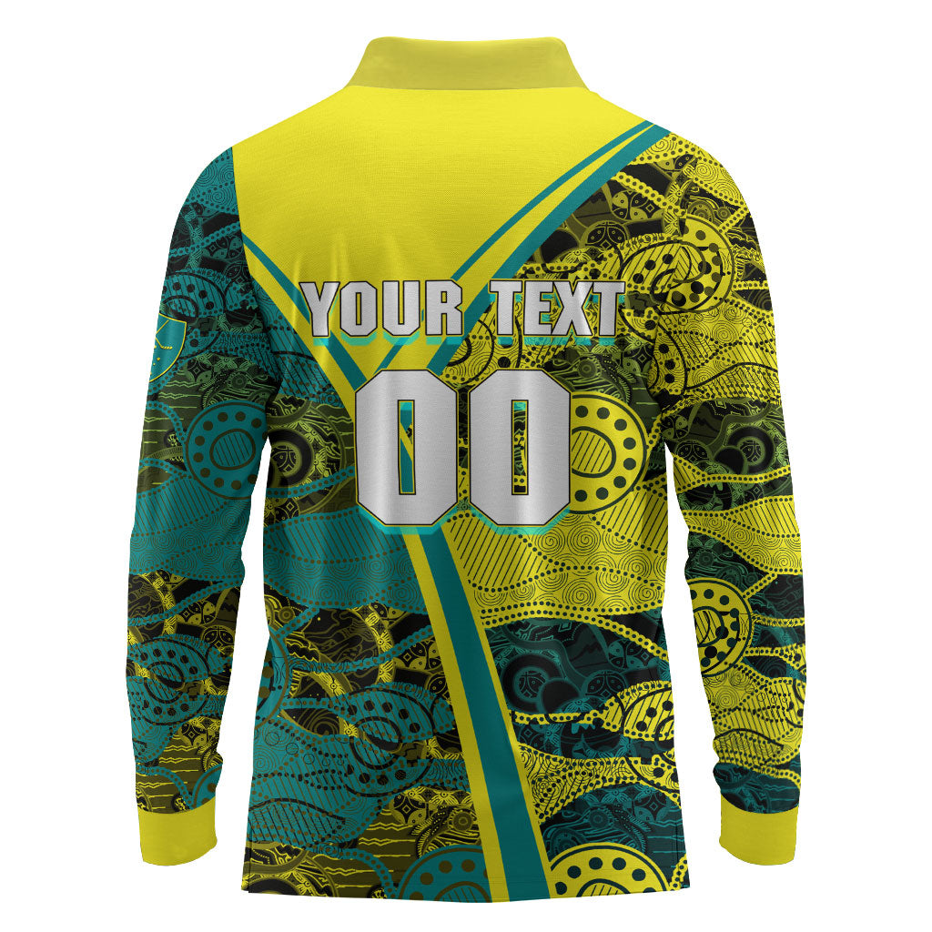 Custom Hockeyroos Kangaroo Field Hockey Long Sleeve Polo Shirt Aboriginal Pattern Green Gold Dynamic Athlete Design