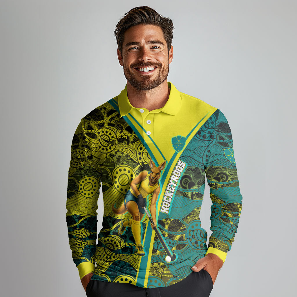 Custom Hockeyroos Kangaroo Field Hockey Long Sleeve Polo Shirt Aboriginal Pattern Green Gold Dynamic Athlete Design
