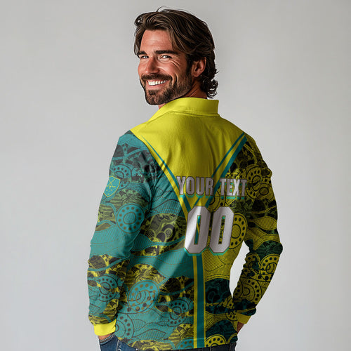 Custom Hockeyroos Kangaroo Field Hockey Long Sleeve Polo Shirt Aboriginal Pattern Green Gold Dynamic Athlete Design
