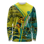 Custom Hockeyroos Kangaroo Field Hockey Long Sleeve Shirt Aboriginal Pattern Green Gold Dynamic Athlete Design
