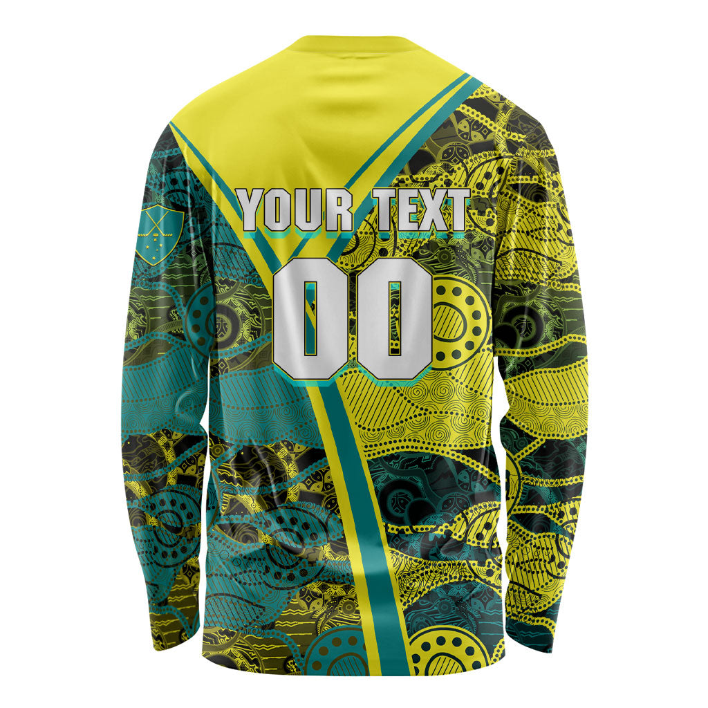 Custom Hockeyroos Kangaroo Field Hockey Long Sleeve Shirt Aboriginal Pattern Green Gold Dynamic Athlete Design