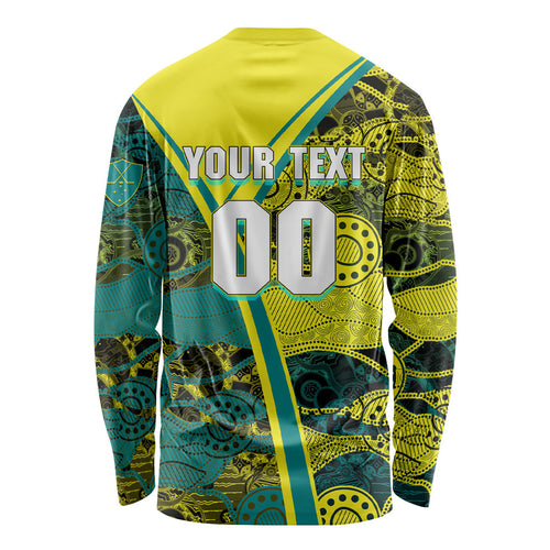 Custom Hockeyroos Kangaroo Field Hockey Long Sleeve Shirt Aboriginal Pattern Green Gold Dynamic Athlete Design