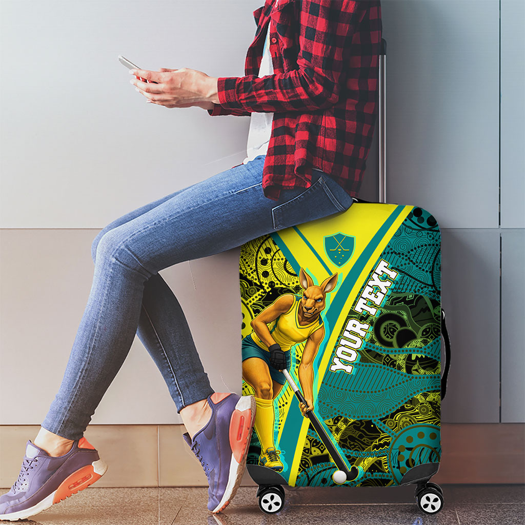 Custom Hockeyroos Kangaroo Field Hockey Luggage Cover Aboriginal Pattern Green Gold Dynamic Athlete Design