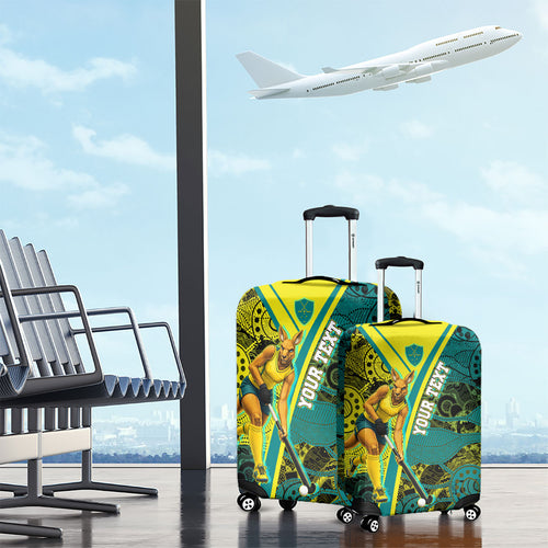 Custom Hockeyroos Kangaroo Field Hockey Luggage Cover Aboriginal Pattern Green Gold Dynamic Athlete Design