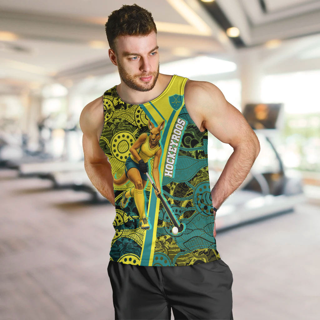 Custom Hockeyroos Kangaroo Field Hockey Men Tank Top Aboriginal Pattern Green Gold Dynamic Athlete Design