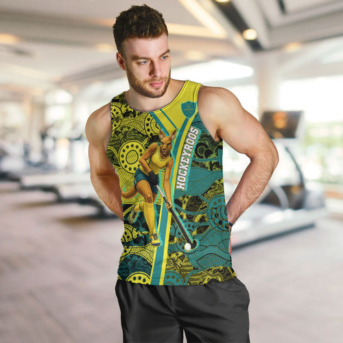 Custom Hockeyroos Kangaroo Field Hockey Men Tank Top Aboriginal Pattern Green Gold Dynamic Athlete Design