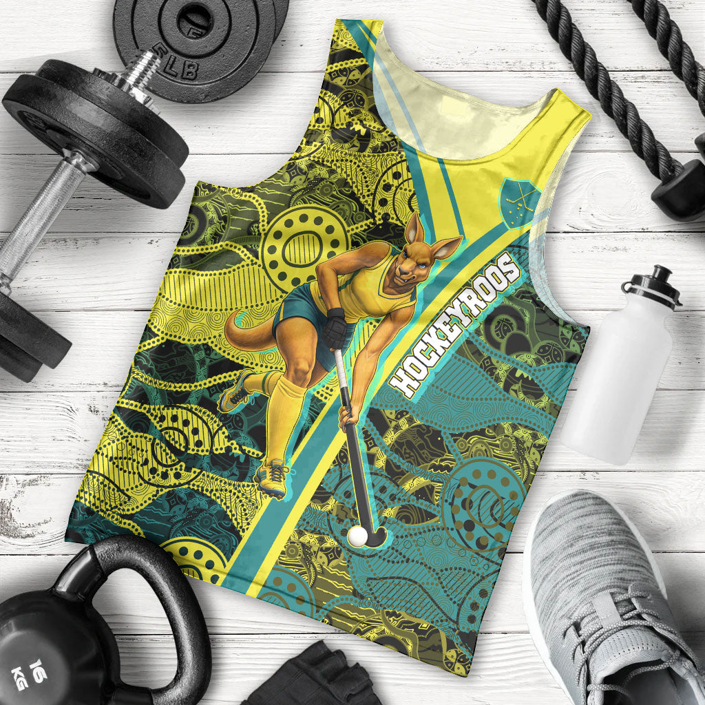 Custom Hockeyroos Kangaroo Field Hockey Men Tank Top Aboriginal Pattern Green Gold Dynamic Athlete Design