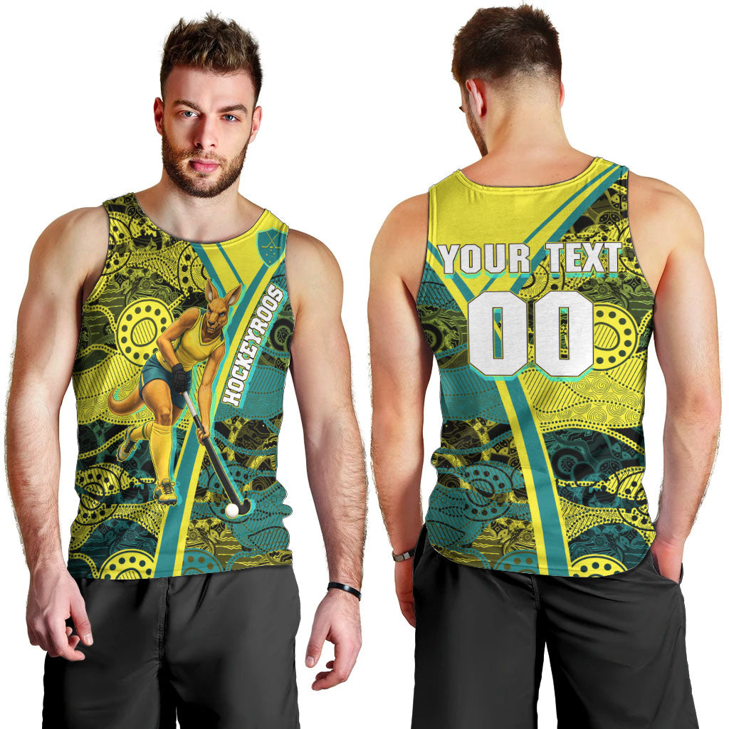 Custom Hockeyroos Kangaroo Field Hockey Men Tank Top Aboriginal Pattern Green Gold Dynamic Athlete Design