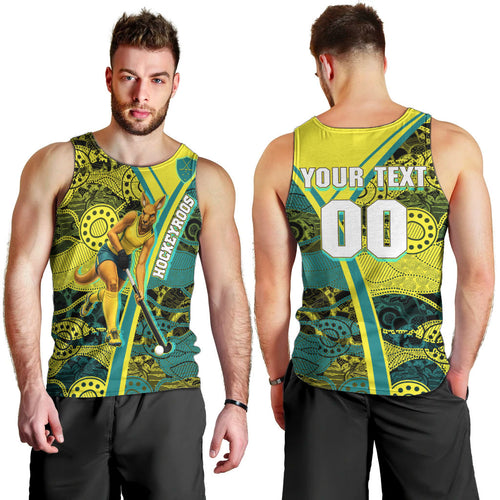 Custom Hockeyroos Kangaroo Field Hockey Men Tank Top Aboriginal Pattern Green Gold Dynamic Athlete Design