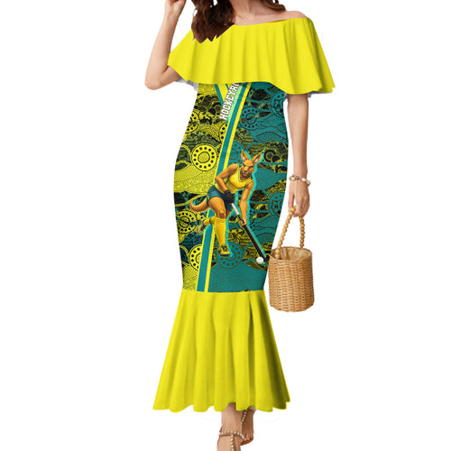 Custom Hockeyroos Kangaroo Field Hockey Mermaid Dress Aboriginal Pattern Green Gold Dynamic Athlete Design